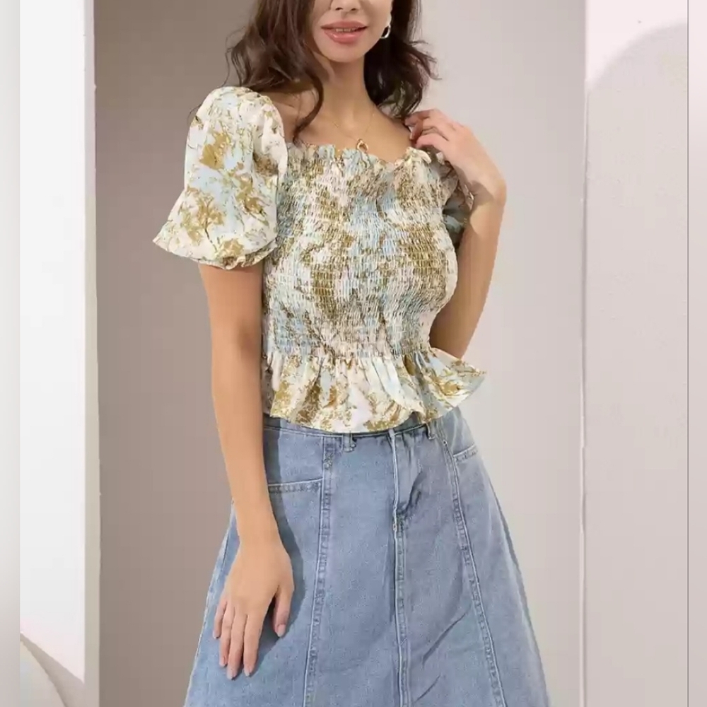 OAK + FORT Printed Square Neck Puff Sleeve Top Women's Size XS